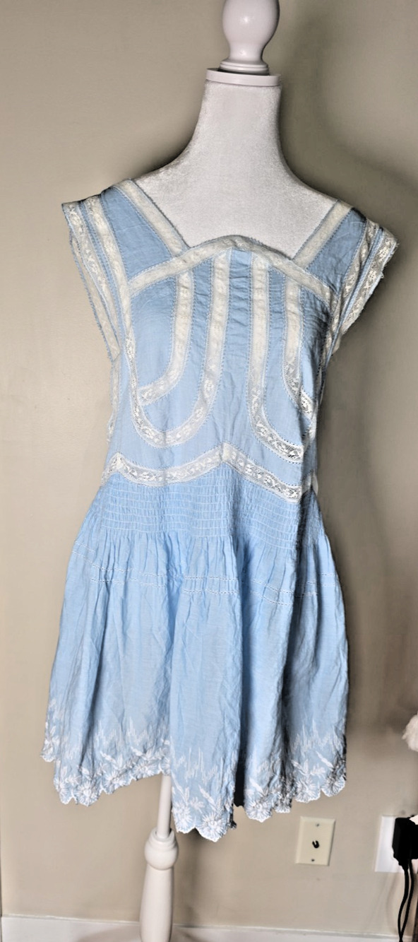 Free People New Romantics Always Forever Tunic Slip Dress Blue Embroidered Small